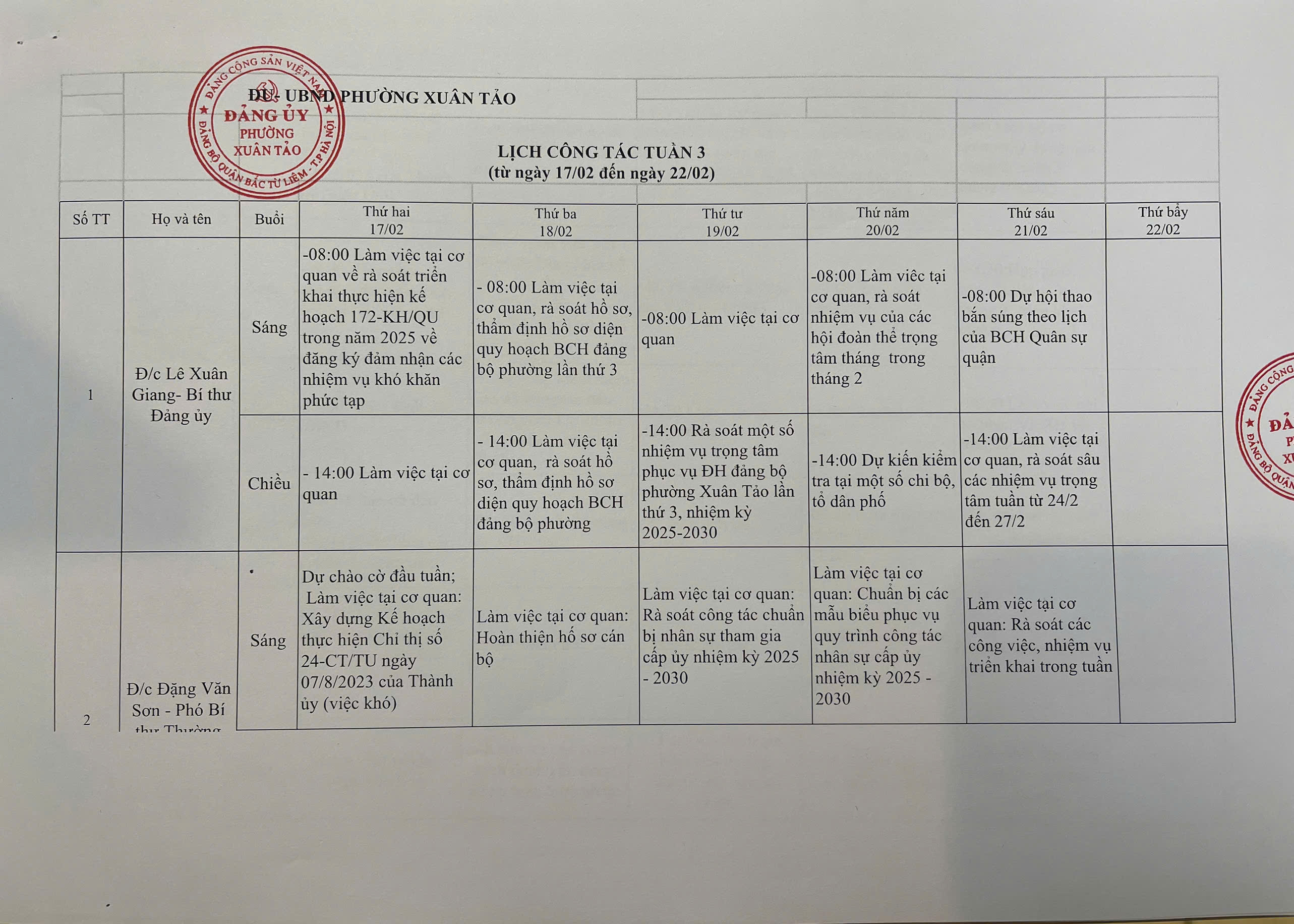 LỊCH CÔNG TÁC TUẦN 3 THÁNG 2 NĂM 2025